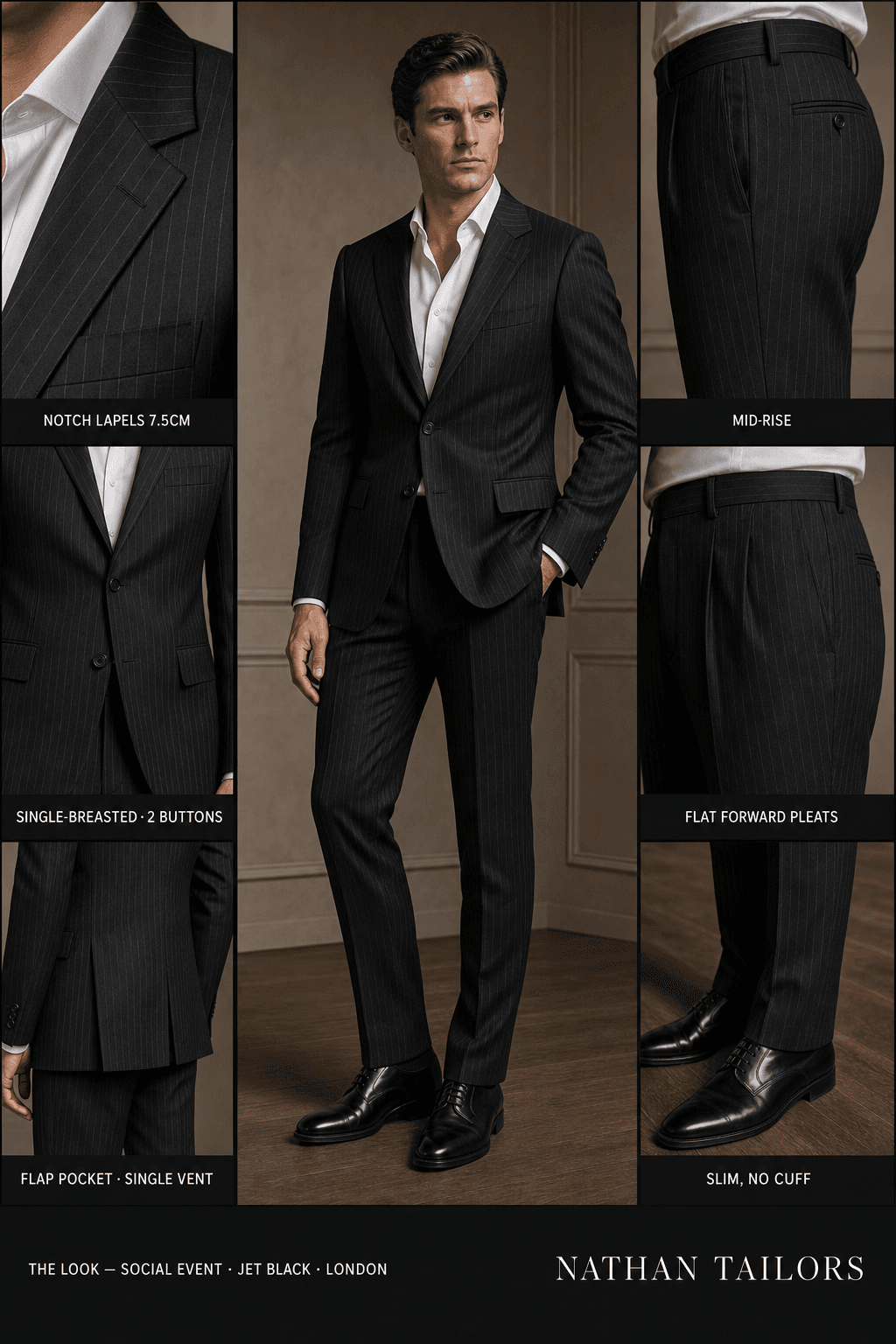 jet black pinstripe single-breasted bespoke suit — custom tailored by Nathan Tailors, the Hoi An custom tailor