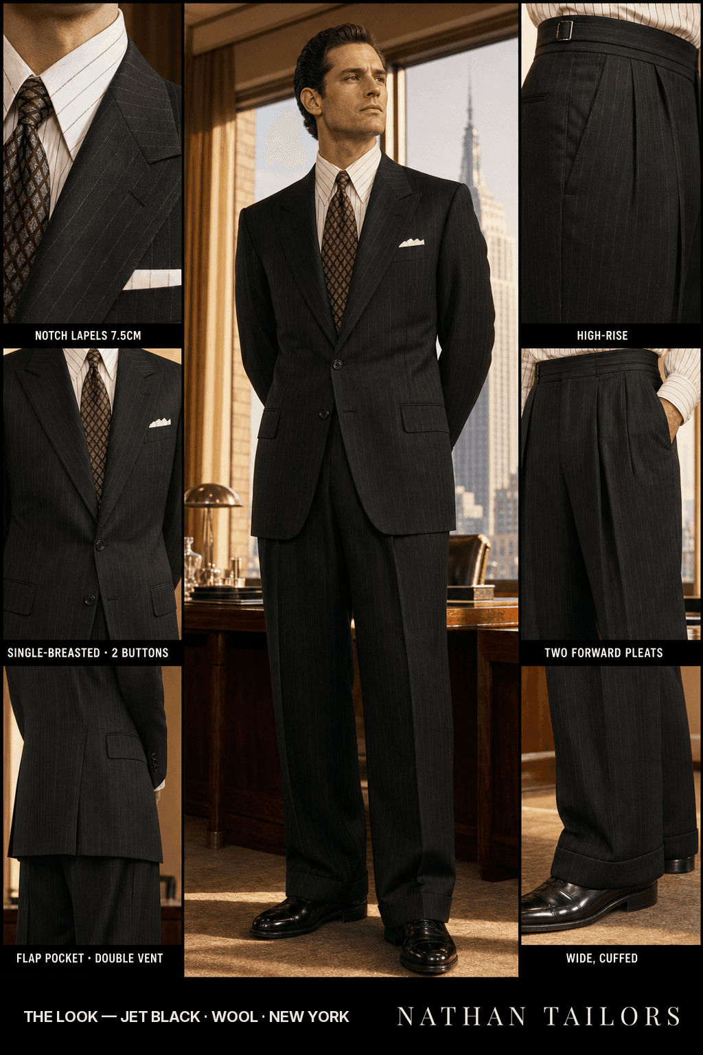 jet black pinstripe single-breasted notch-lapel bespoke suit — AI-rendered by Nathan Tailors, the Hoi An custom tailor. Available as a custom tailored suit from $149.