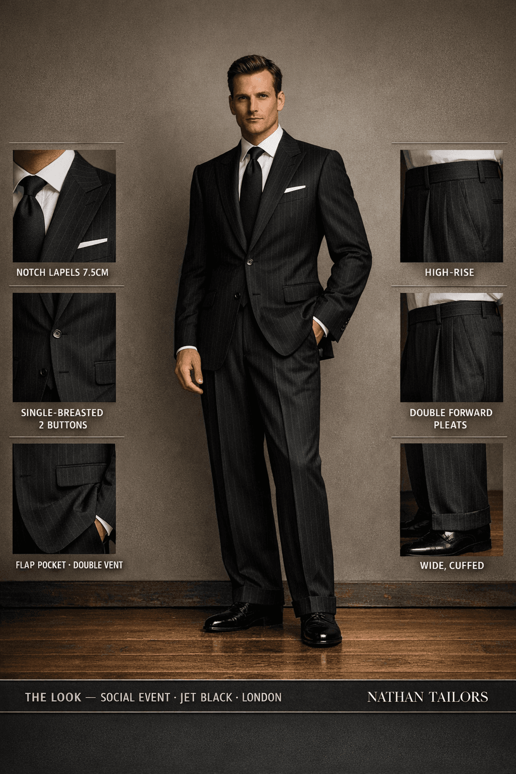 jet black single-breasted suit — Nathan Tailors Hoi An tailor Atelier render