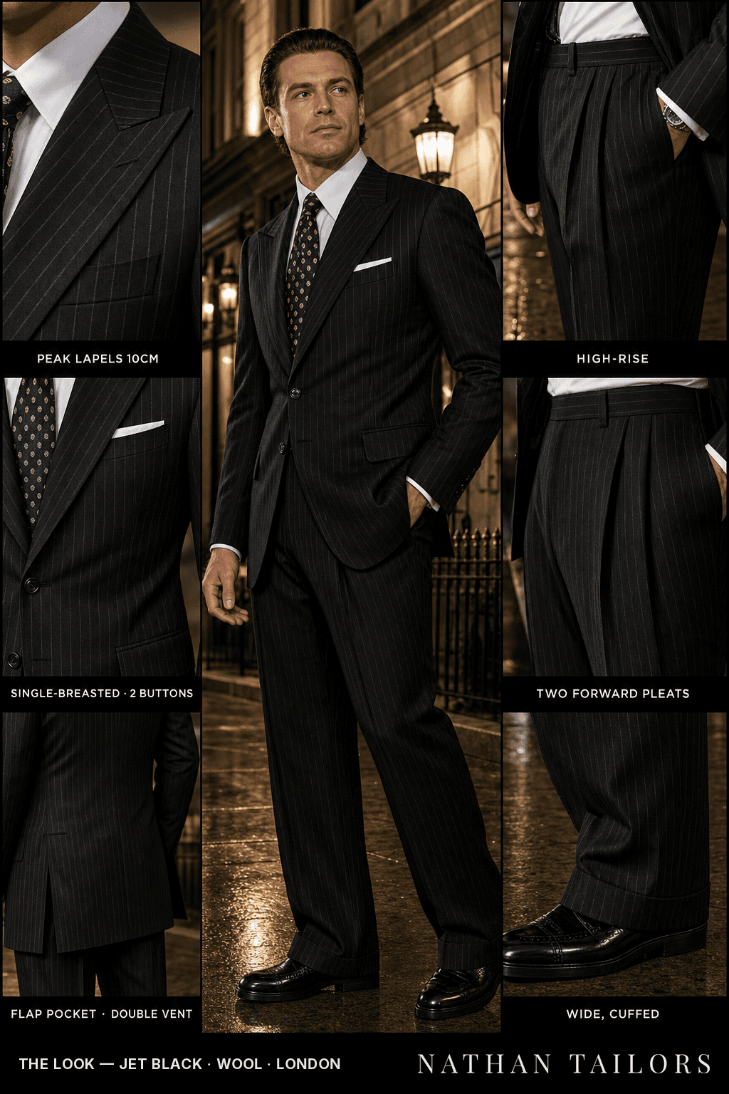 jet black pinstripe single-breasted bespoke suit — custom tailored by Nathan Tailors, the Hoi An custom tailor