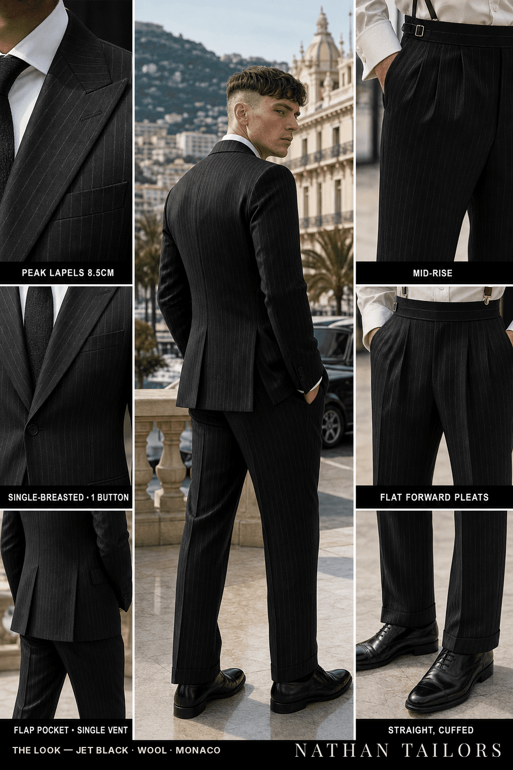 jet black pinstripe single-breasted peak-lapel bespoke suit — AI-rendered by Nathan Tailors, the Hoi An custom tailor. Available as a custom tailored suit from $149.