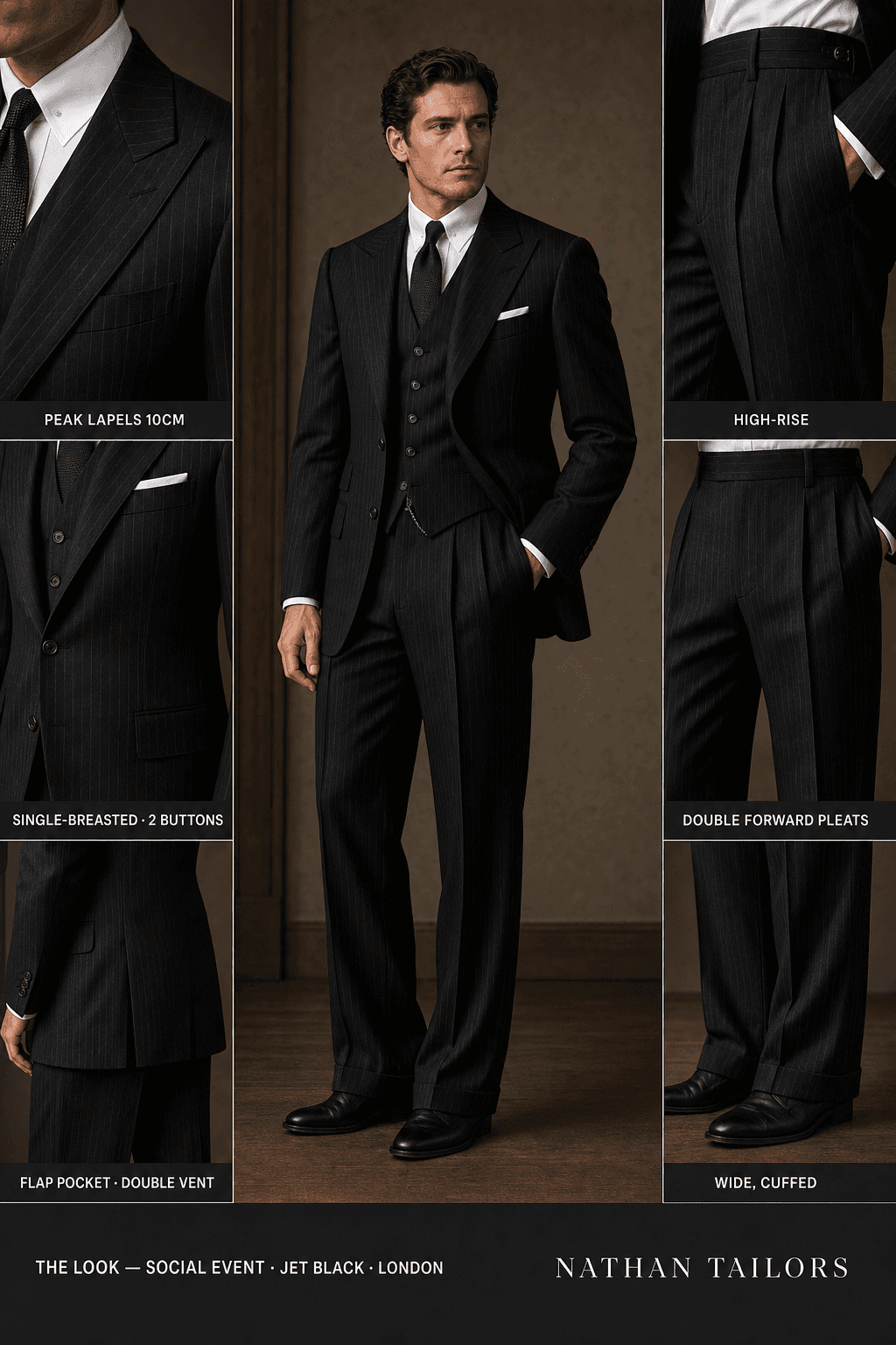 jet black pinstripe single-breasted peak-lapel bespoke suit — AI-rendered by Nathan Tailors, the Hoi An custom tailor. Available as a custom tailored suit from $129.