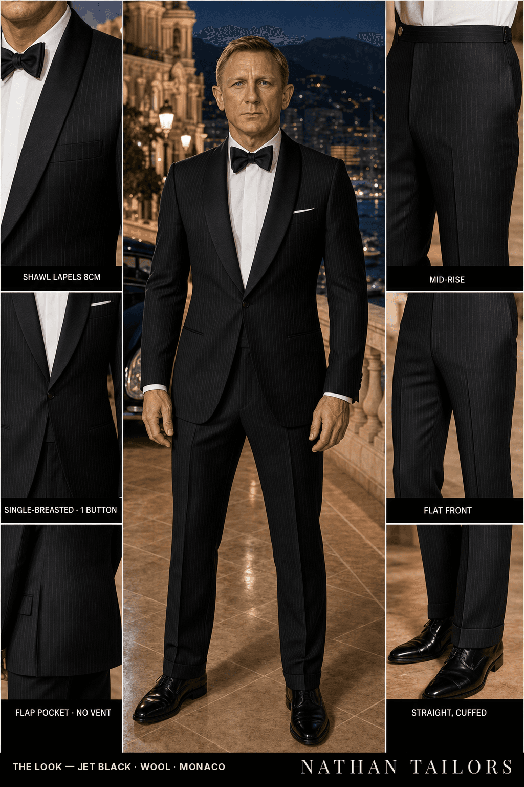 jet black pinstripe single-breasted shawl-lapel bespoke suit — AI-rendered by Nathan Tailors, the Hoi An custom tailor. Available as a custom tailored suit from $149.