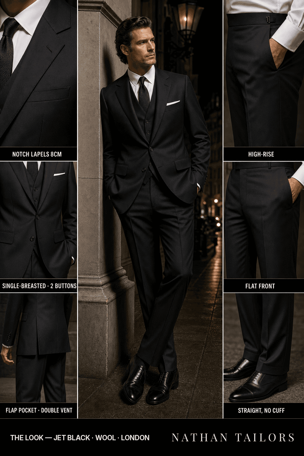 jet black single-breasted notch-lapel bespoke suit — AI-rendered by Nathan Tailors, the Hoi An custom tailor. Available as a custom tailored suit from $149.