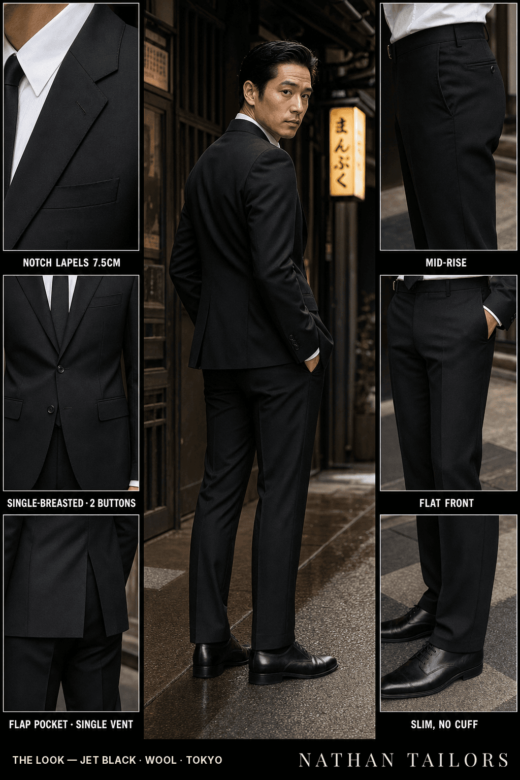 jet black single-breasted notch-lapel bespoke suit — AI-rendered by Nathan Tailors, the Hoi An custom tailor. Available as a custom tailored suit from $149.