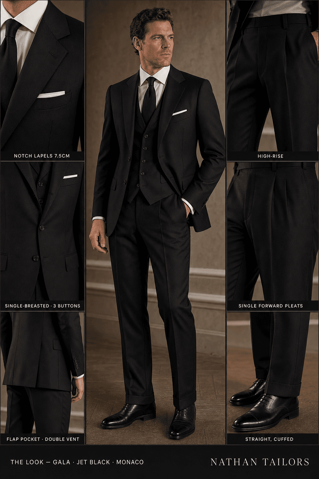 jet black single-breasted notch-lapel bespoke suit — AI-rendered by Nathan Tailors, the Hoi An custom tailor. Available as a custom tailored suit from $129.