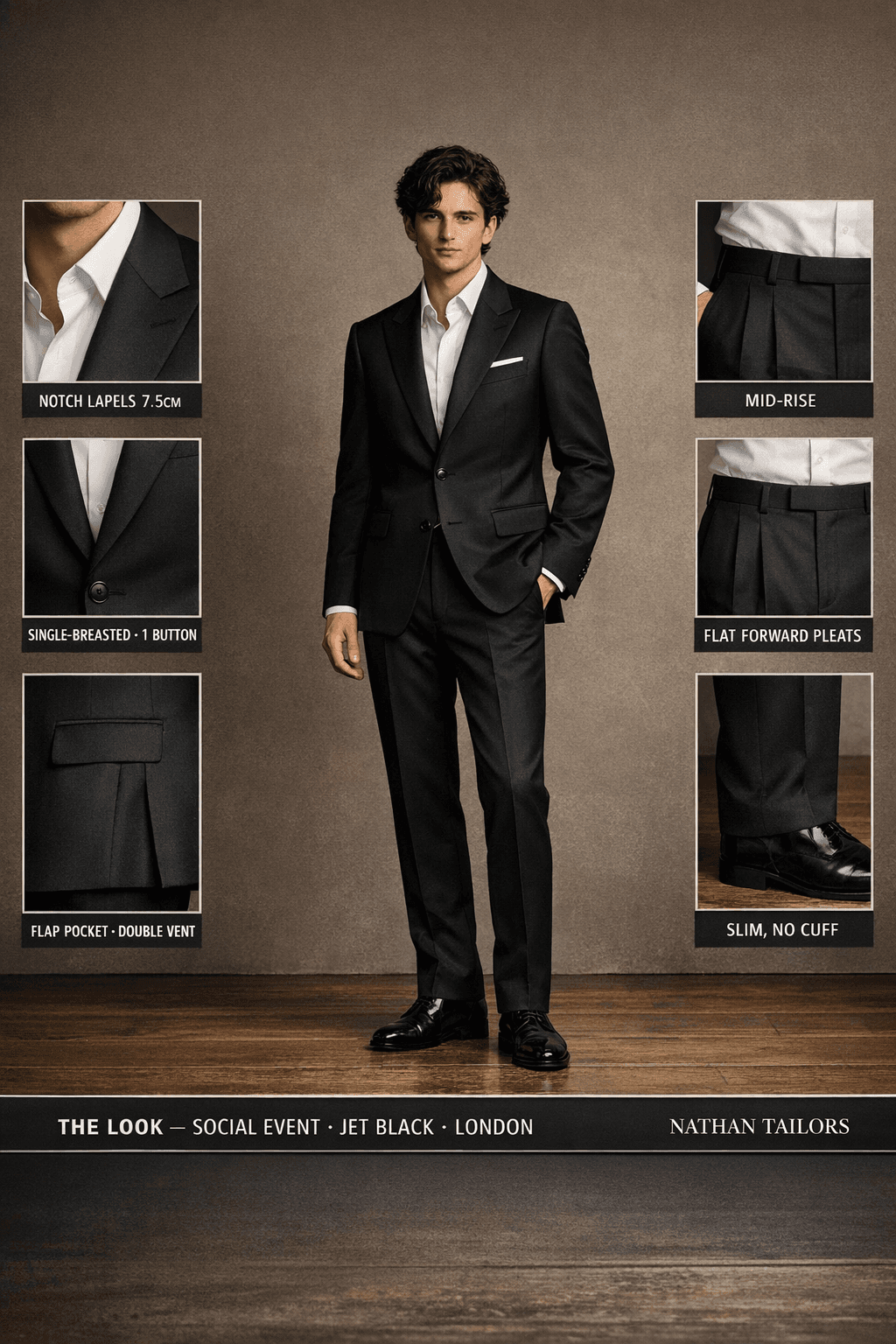 jet black single-breasted suit — Nathan Tailors Hoi An tailor Atelier render