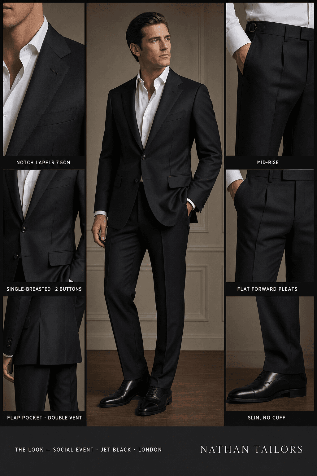 jet black single-breasted notch-lapel bespoke suit — AI-rendered by Nathan Tailors, the Hoi An custom tailor. Available as a custom tailored suit from $129.