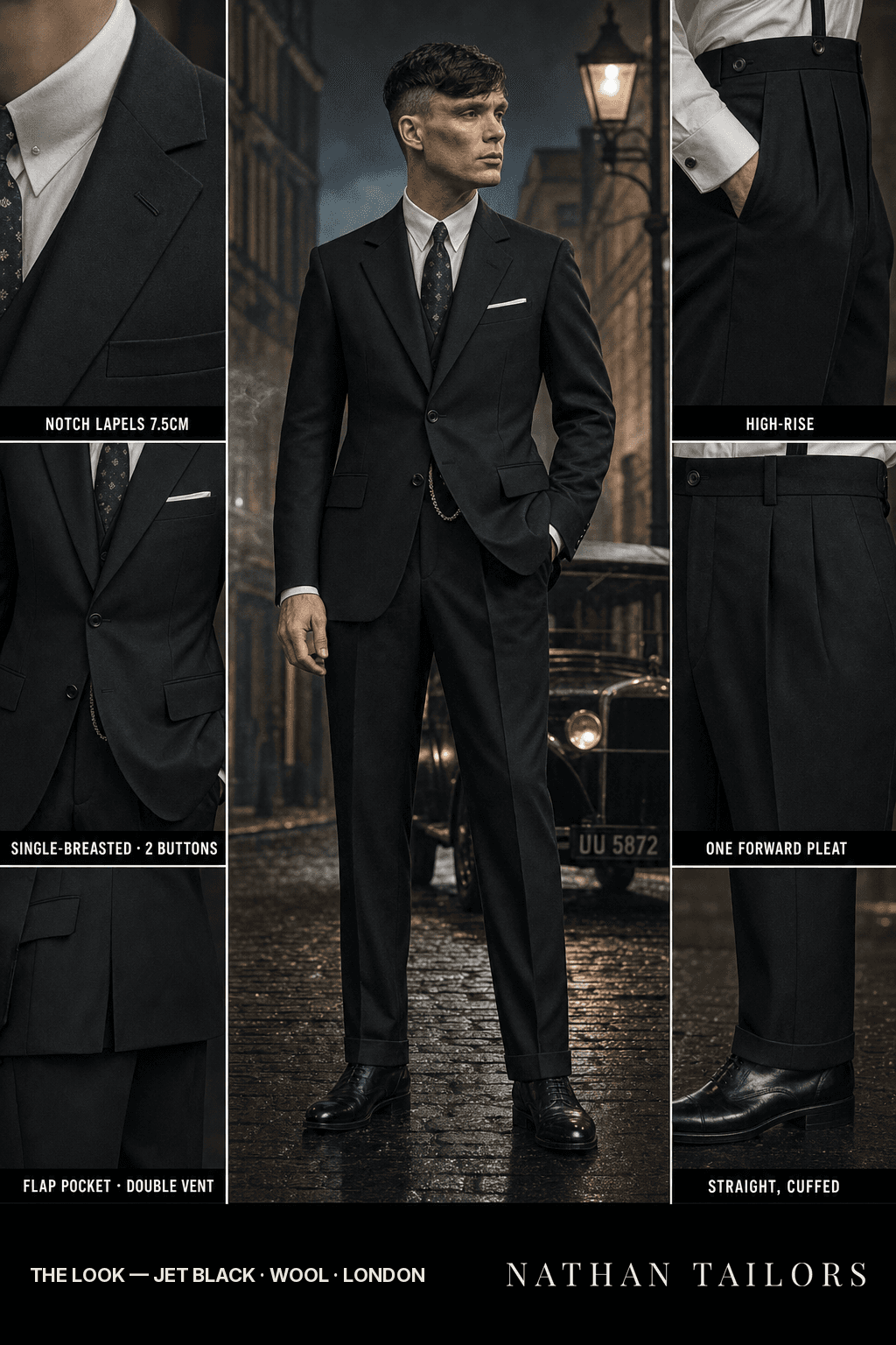 jet black single-breasted notch-lapel bespoke suit — AI-rendered by Nathan Tailors, the Hoi An custom tailor. Available as a custom tailored suit from $149.