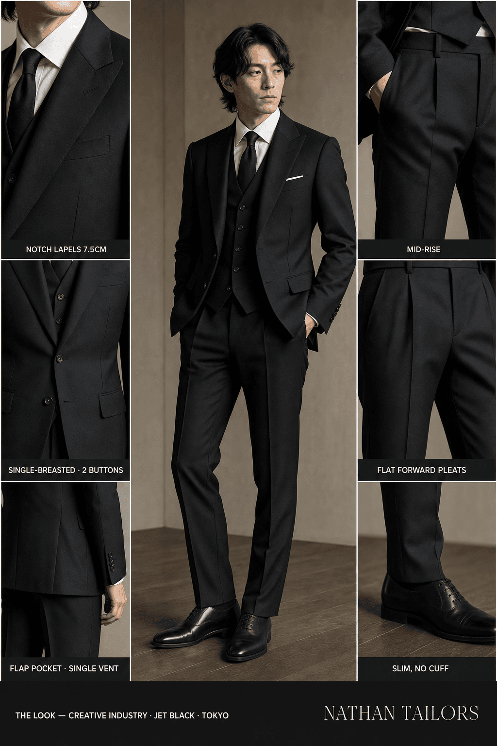 jet black single-breasted suit — Nathan Tailors Hoi An tailor Atelier render