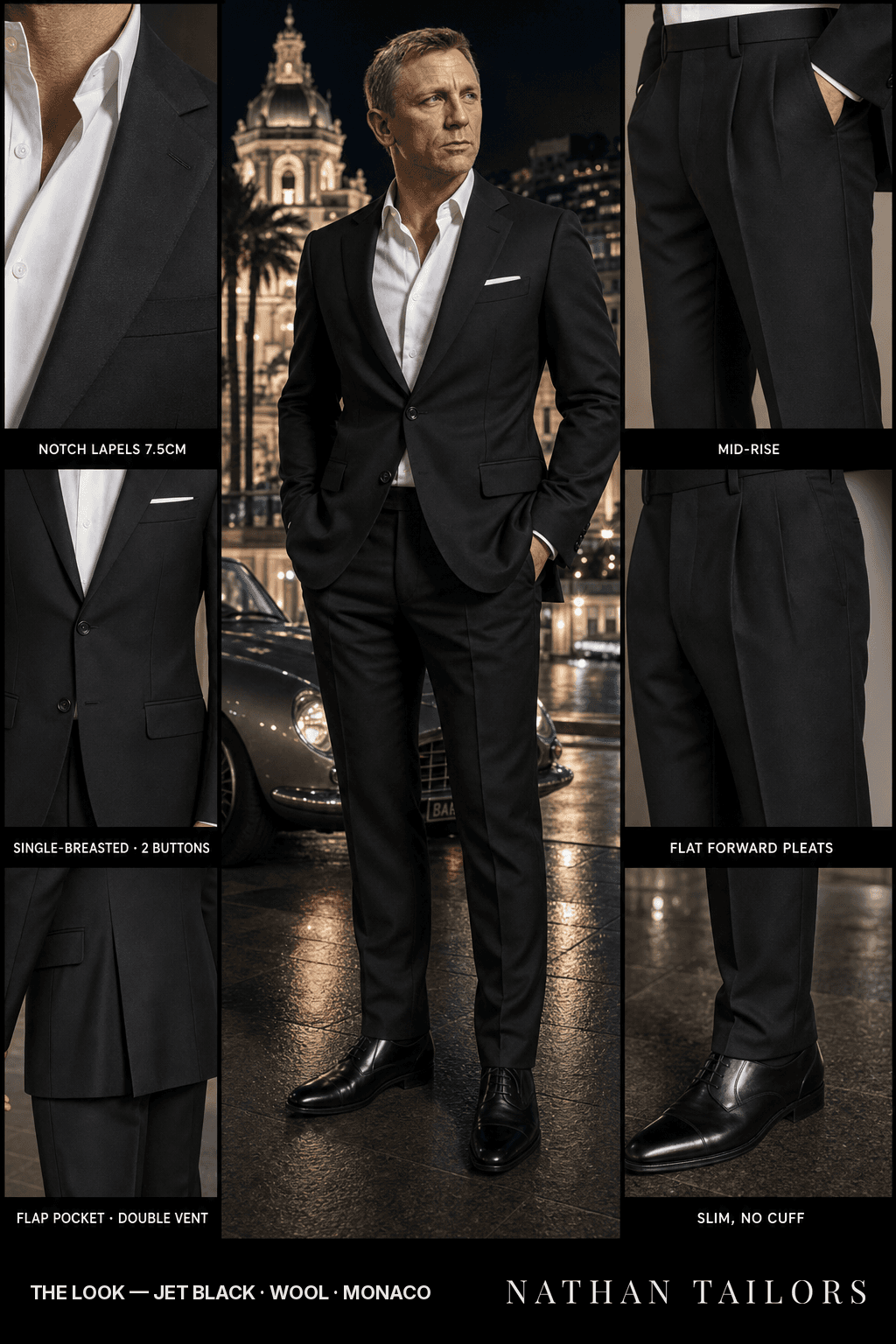 jet black single-breasted bespoke suit — custom tailored by Nathan Tailors, the Hoi An custom tailor