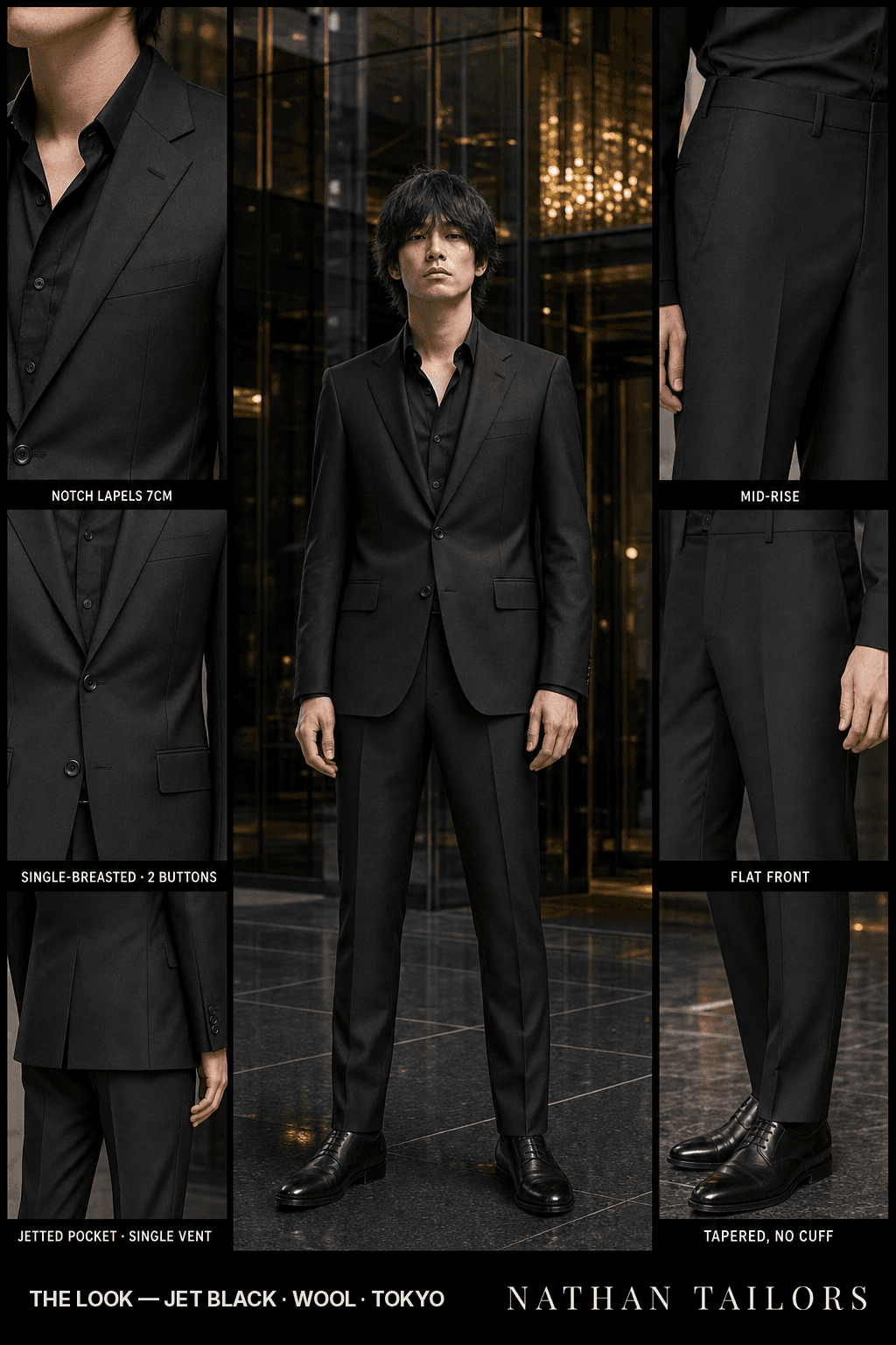 jet black single-breasted bespoke suit — custom tailored by Nathan Tailors, the Hoi An custom tailor