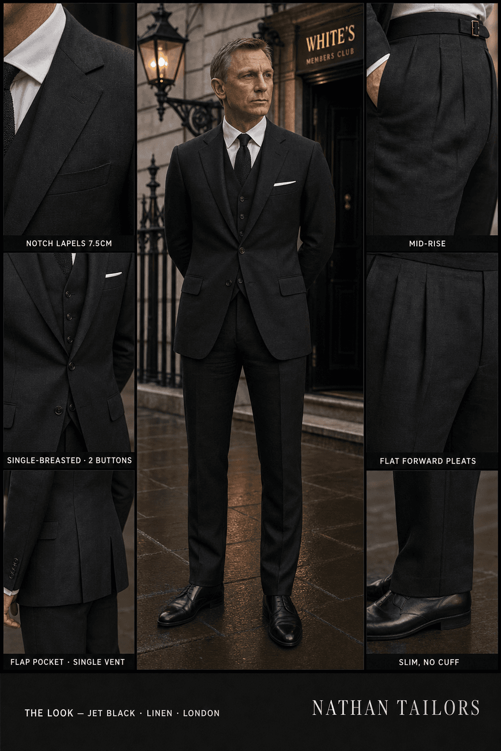 jet black single-breasted notch-lapel bespoke suit — AI-rendered by Nathan Tailors, the Hoi An custom tailor. Available as a custom tailored suit from $149.