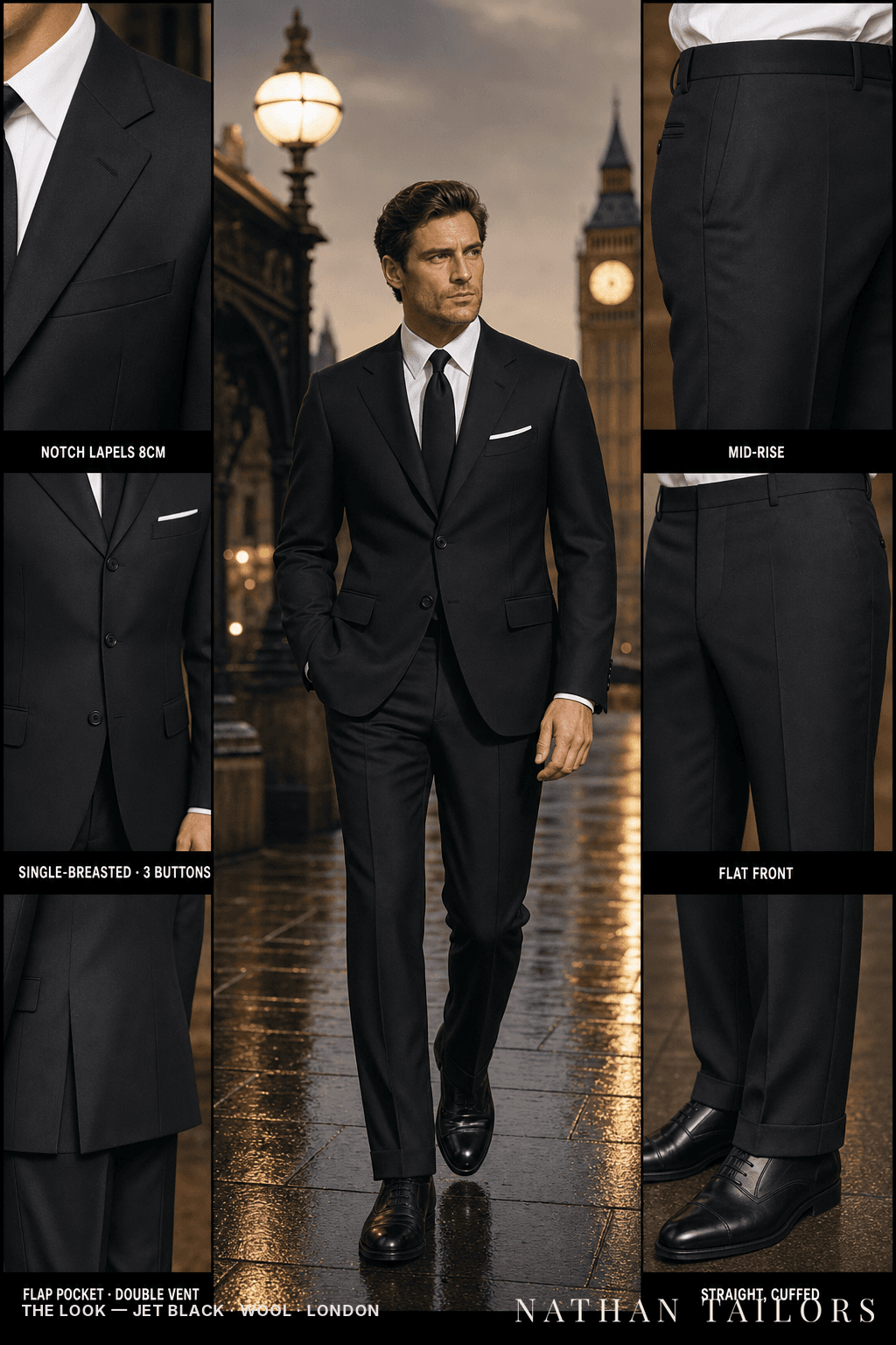jet black single-breasted notch-lapel bespoke suit — AI-rendered by Nathan Tailors, the Hoi An custom tailor. Available as a custom tailored suit from $149.