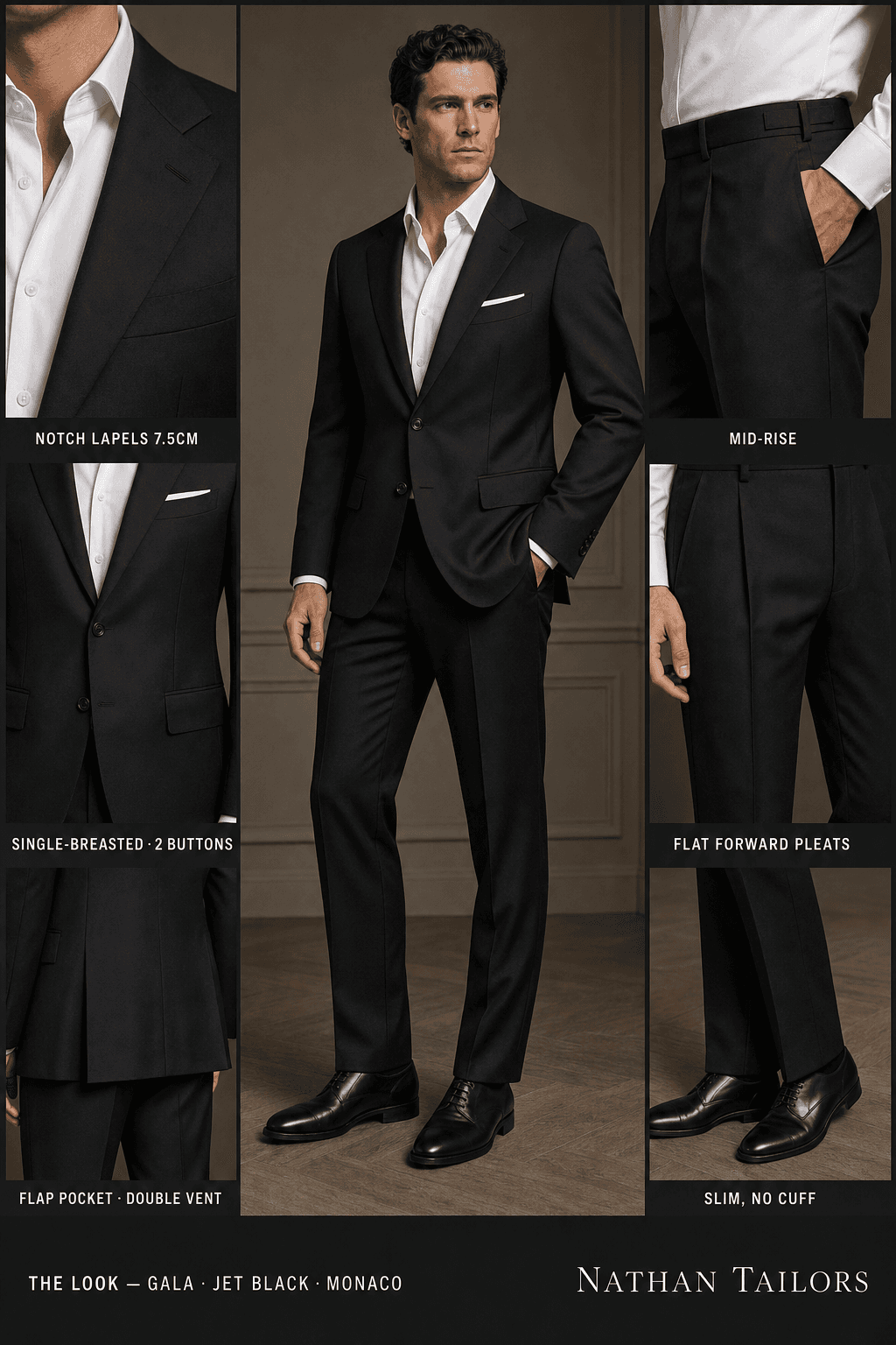 jet black single-breasted bespoke suit — custom tailored by Nathan Tailors, the Hoi An custom tailor