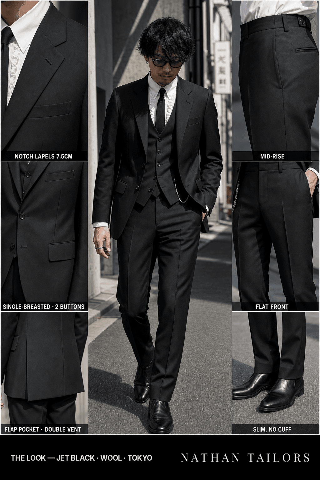 jet black single-breasted bespoke suit — custom tailored by Nathan Tailors, the Hoi An custom tailor