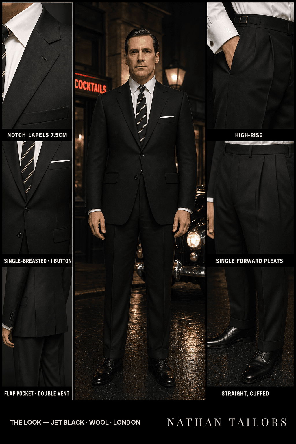 jet black single-breasted bespoke suit — custom tailored by Nathan Tailors, the Hoi An custom tailor