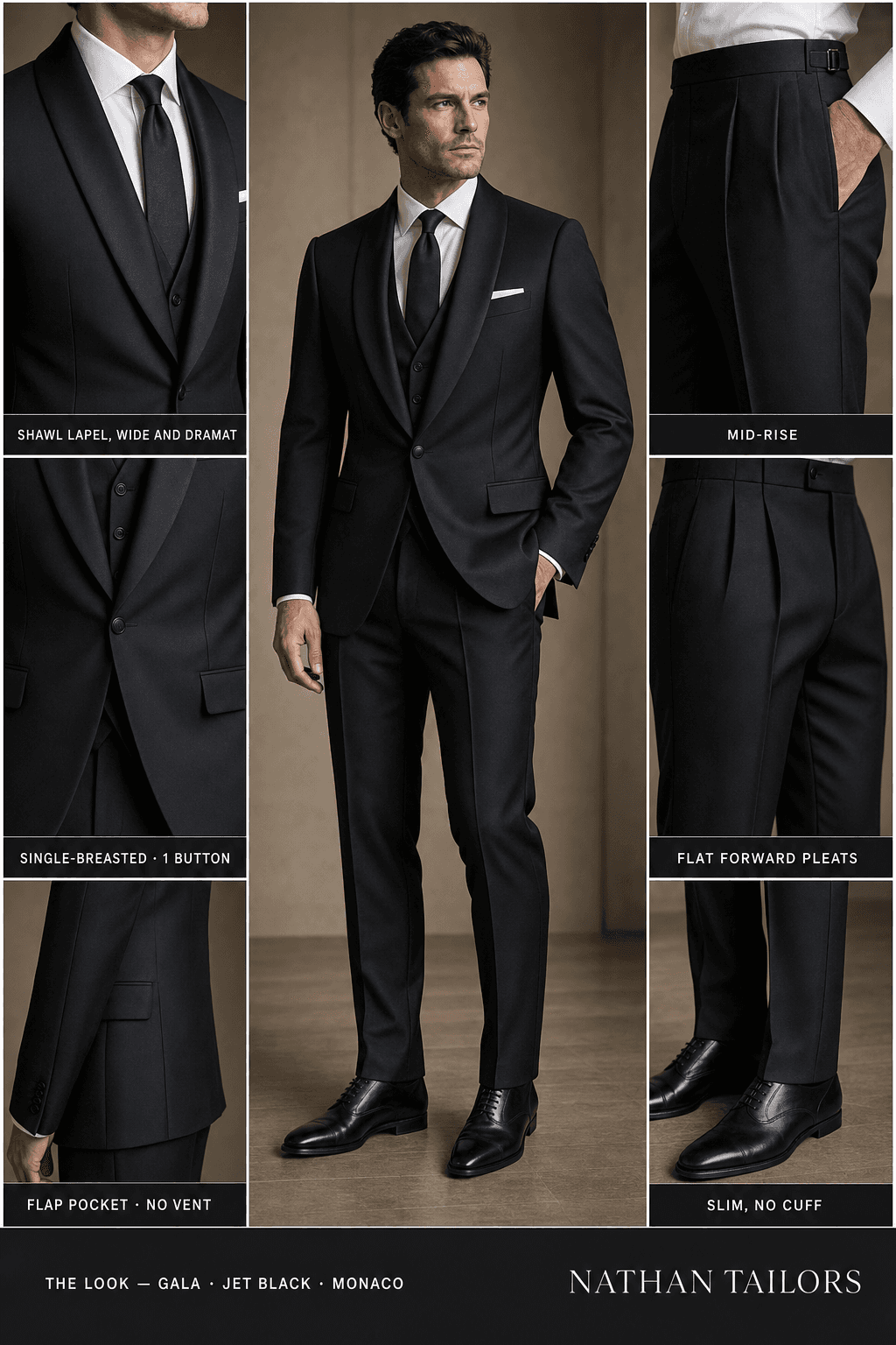jet black single-breasted bespoke suit — custom tailored by Nathan Tailors, the Hoi An custom tailor