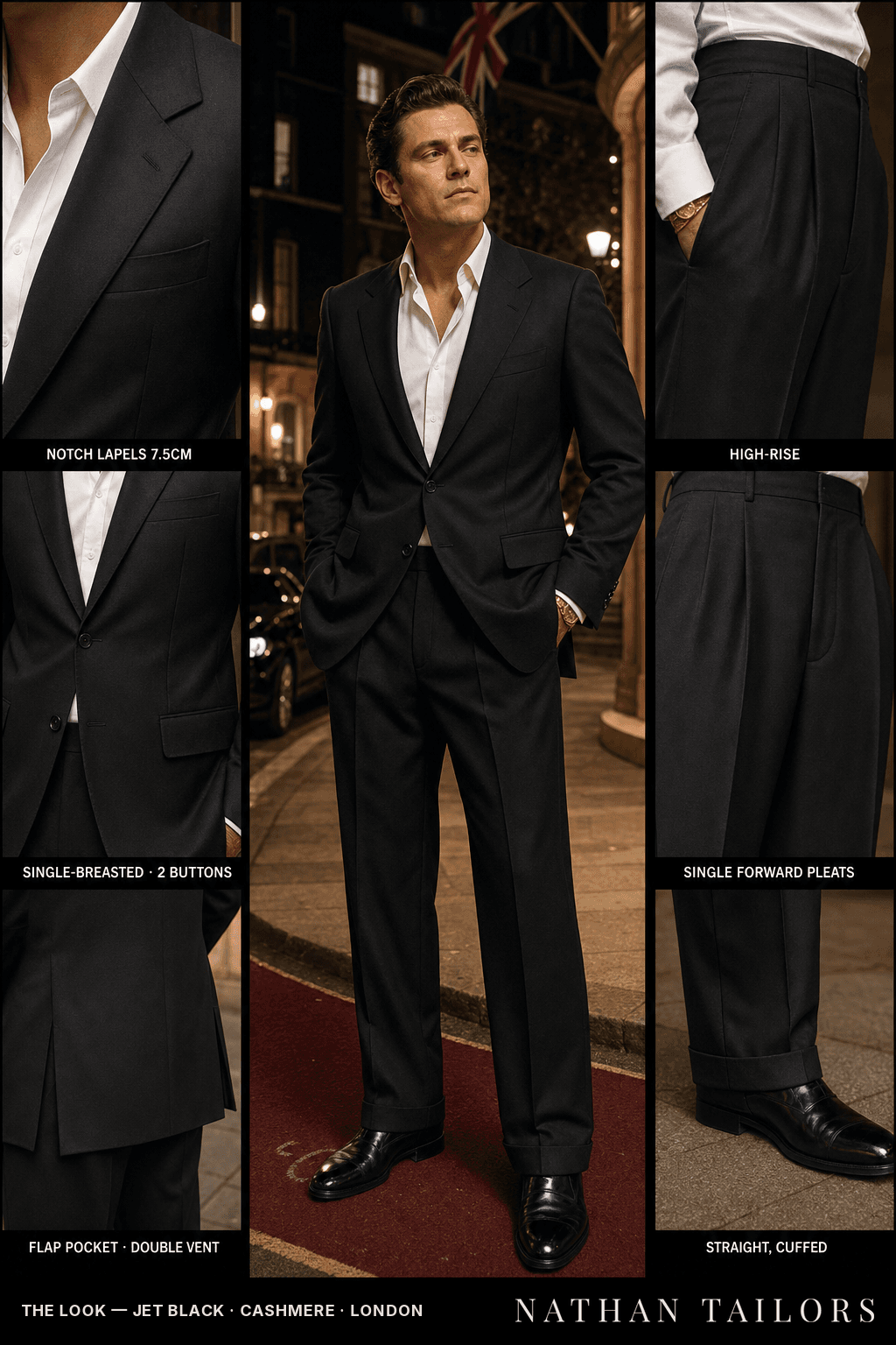 jet black single-breasted bespoke suit — custom tailored by Nathan Tailors, the Hoi An custom tailor