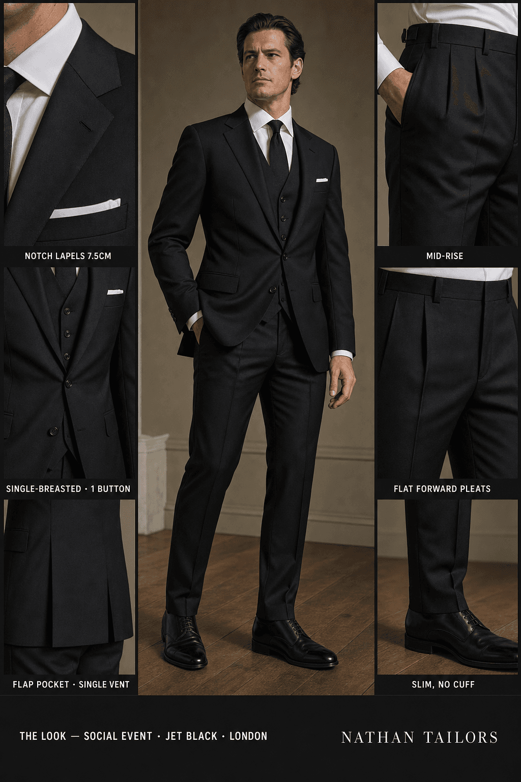 jet black single-breasted notch-lapel bespoke suit — AI-rendered by Nathan Tailors, the Hoi An custom tailor. Available as a custom tailored suit from $129.
