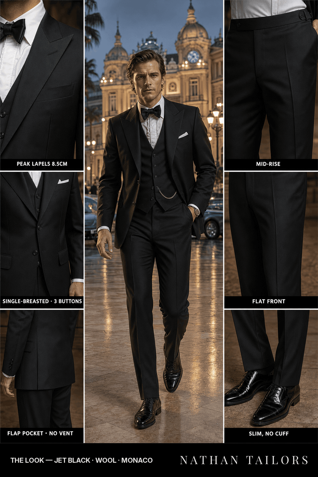 jet black single-breasted peak-lapel bespoke suit — AI-rendered by Nathan Tailors, the Hoi An custom tailor. Available as a custom tailored suit from $149.