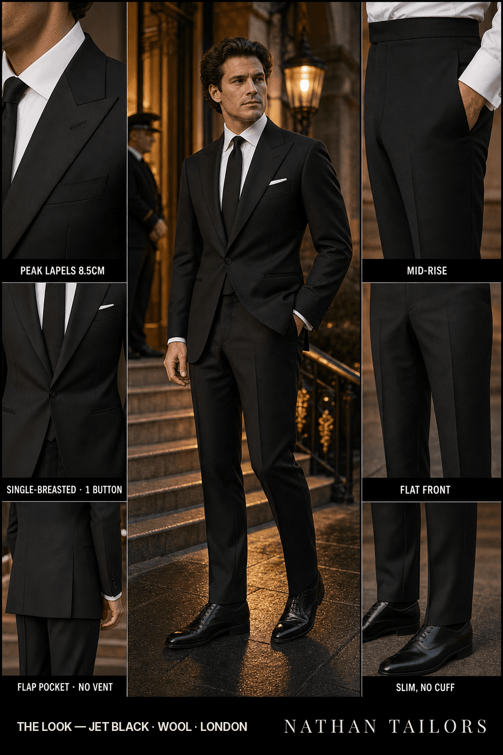 jet black single-breasted bespoke suit — custom tailored by Nathan Tailors, the Hoi An custom tailor