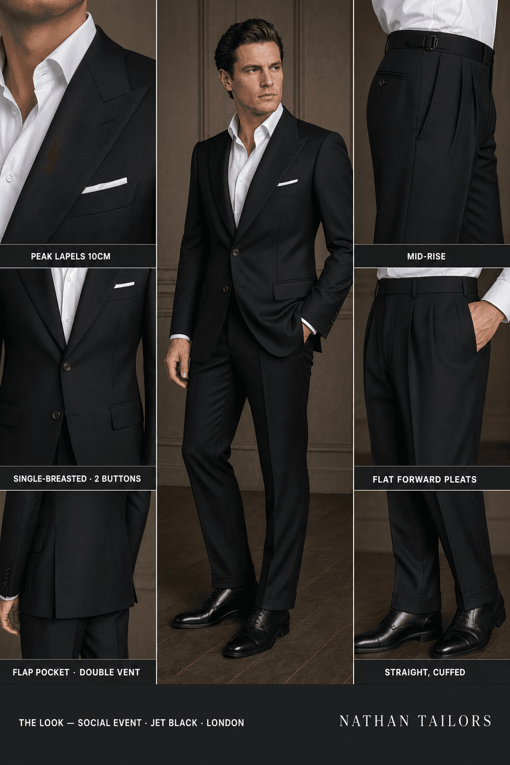 jet black single-breasted peak-lapel bespoke suit — AI-rendered by Nathan Tailors, the Hoi An custom tailor. Available as a custom tailored suit from $129.