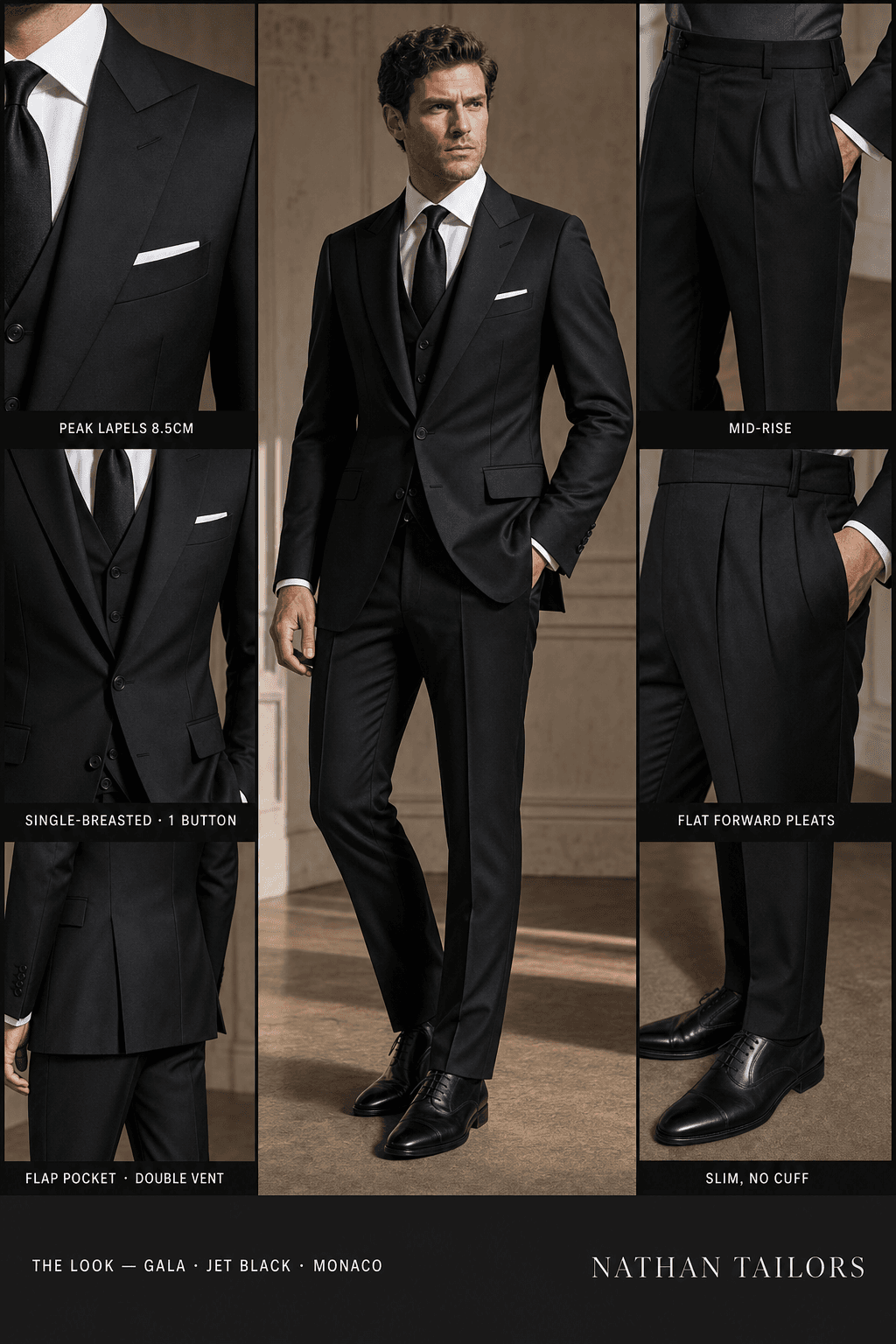 jet black single-breasted bespoke suit — custom tailored by Nathan Tailors, the Hoi An custom tailor