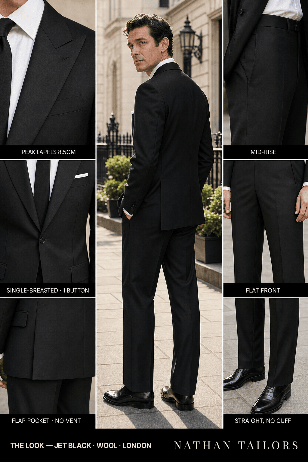 jet black single-breasted bespoke suit — custom tailored by Nathan Tailors, the Hoi An custom tailor