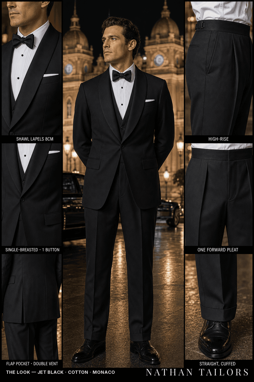 jet black single-breasted shawl-lapel bespoke suit — AI-rendered by Nathan Tailors, the Hoi An custom tailor. Available as a custom tailored suit from $149.