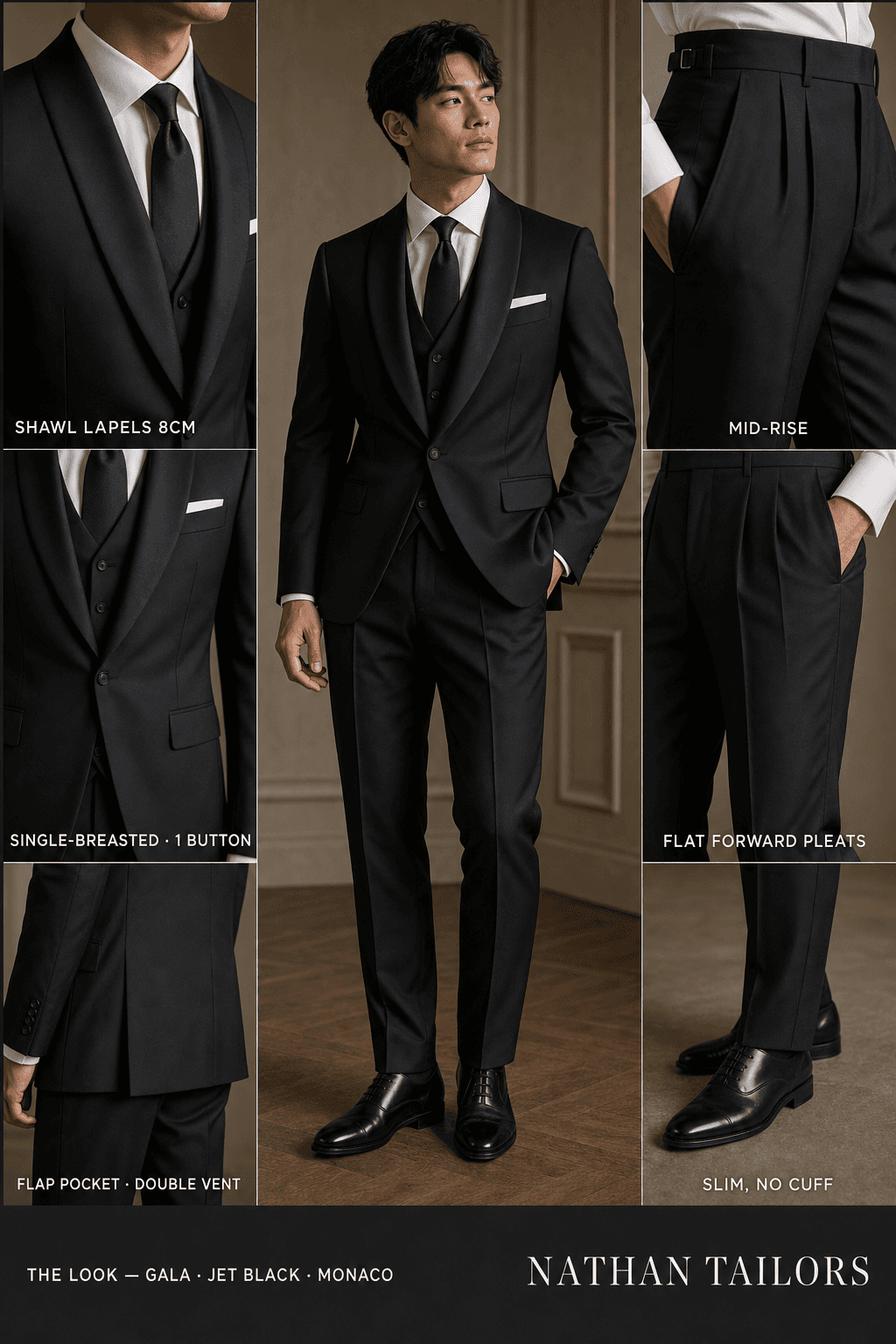 jet black single-breasted bespoke suit — custom tailored by Nathan Tailors, the Hoi An custom tailor