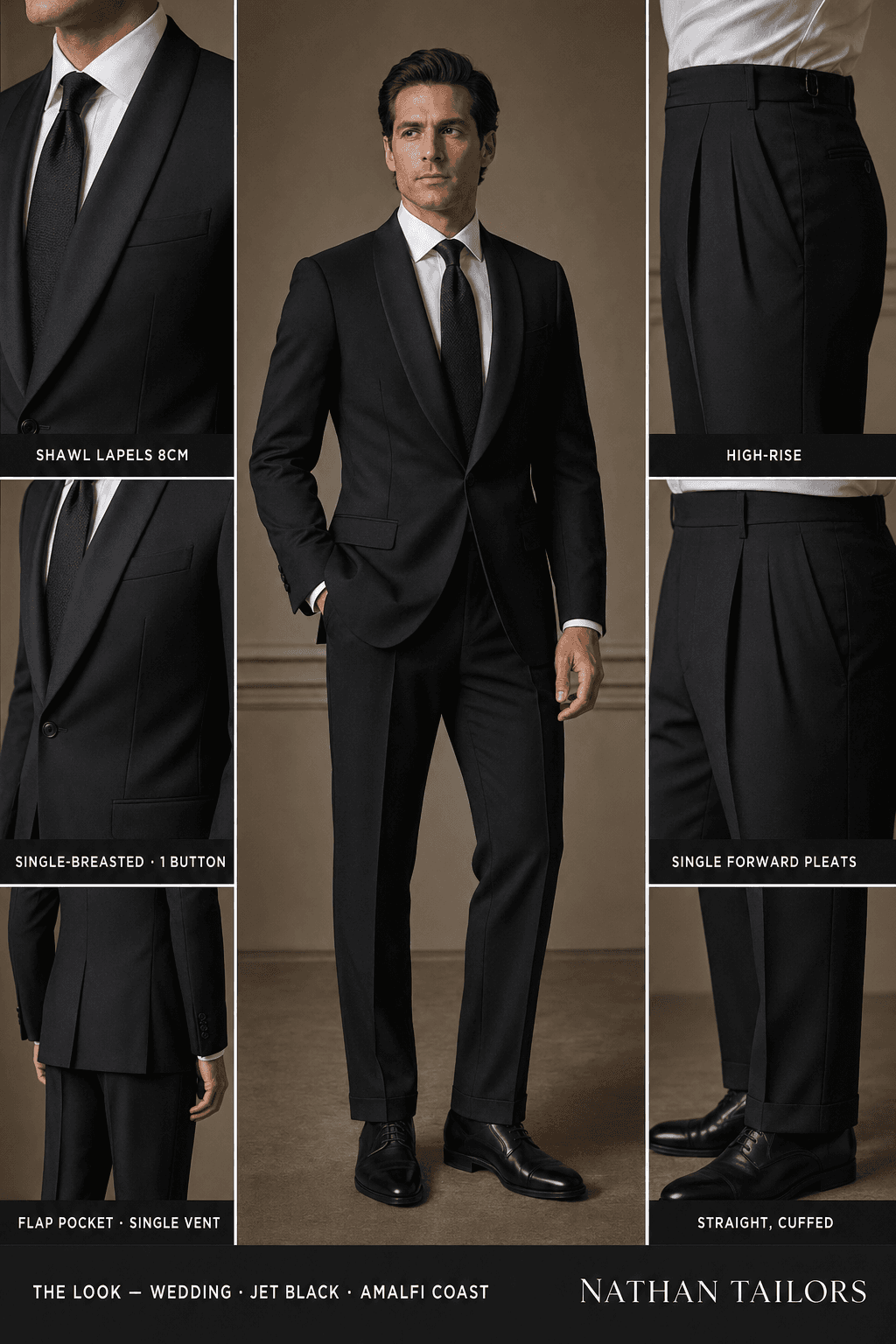 jet black single-breasted suit — Nathan Tailors Hoi An tailor Atelier render