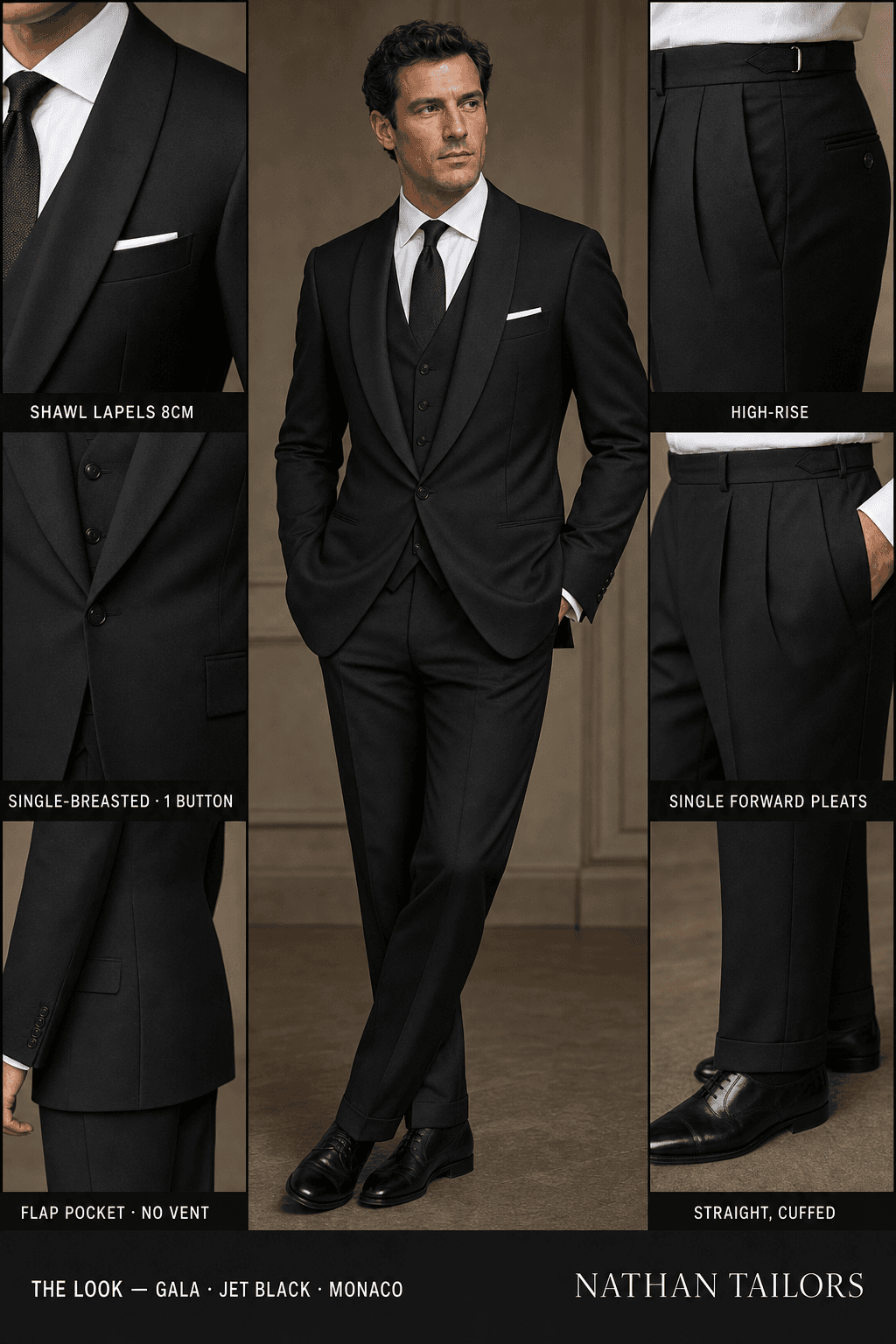 jet black single-breasted shawl-lapel bespoke suit — AI-rendered by Nathan Tailors, the Hoi An custom tailor. Available as a custom tailored suit from $129.
