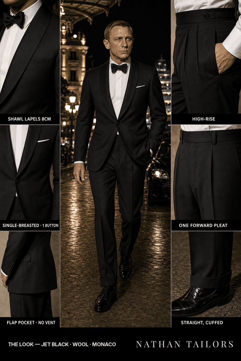 jet black single-breasted shawl-lapel bespoke suit — AI-rendered by Nathan Tailors, the Hoi An custom tailor. Available as a custom tailored suit from $149.