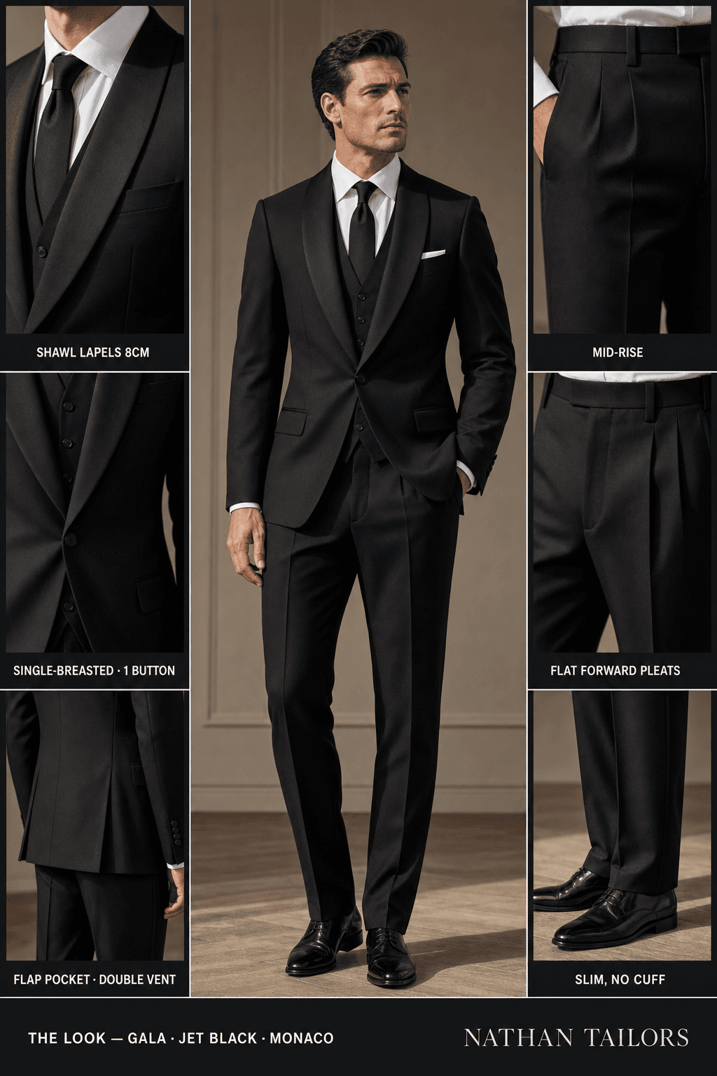 jet black single-breasted bespoke suit — custom tailored by Nathan Tailors, the Hoi An custom tailor