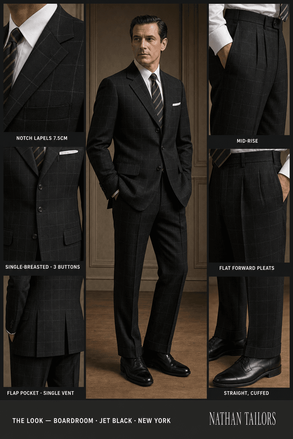 jet black windowpane single-breasted notch-lapel bespoke suit — AI-rendered by Nathan Tailors, the Hoi An custom tailor. Available as a custom tailored suit from $129.