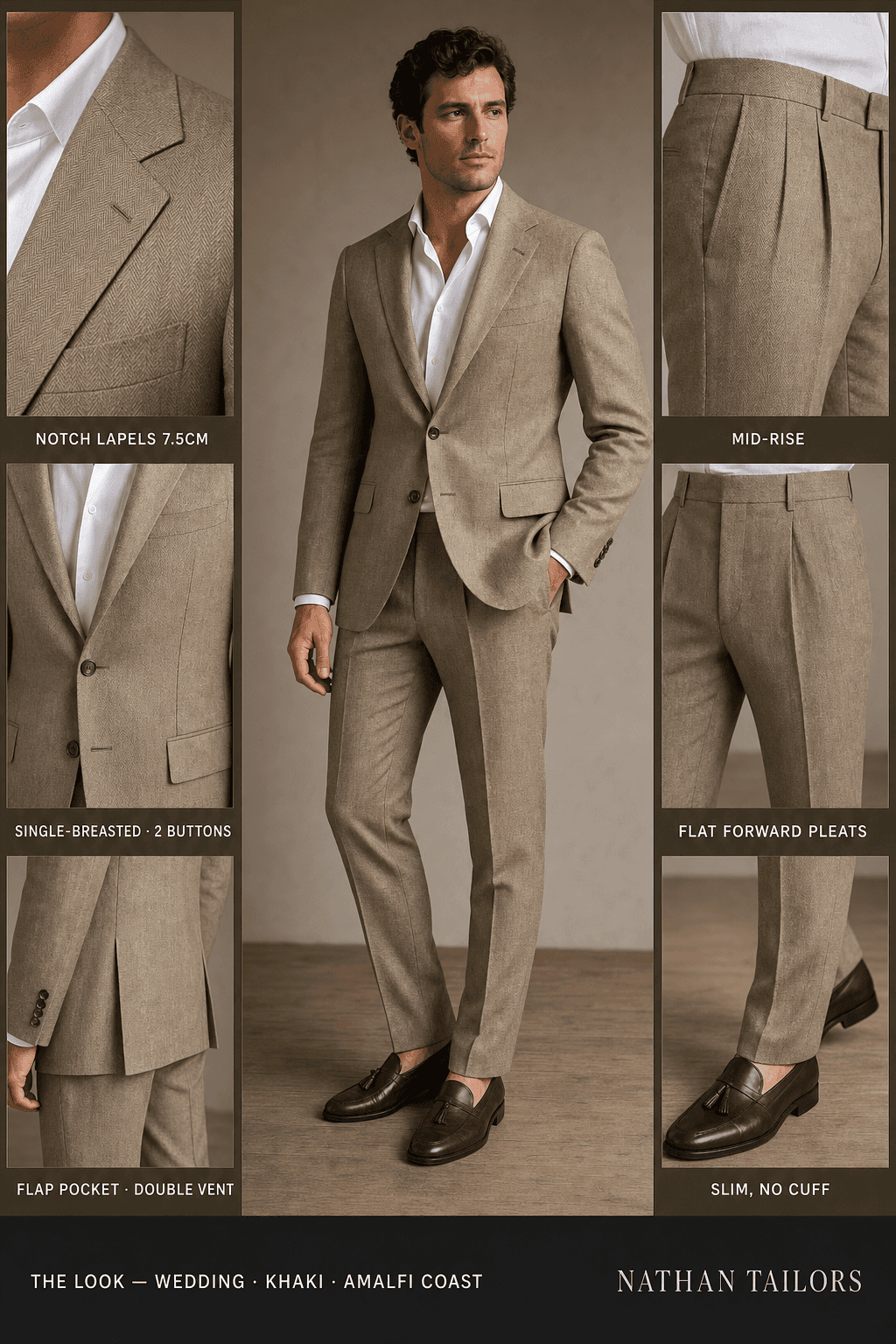 khaki herringbone single-breasted notch-lapel bespoke suit — AI-rendered by Nathan Tailors, the Hoi An custom tailor. Available as a custom tailored suit from $129.