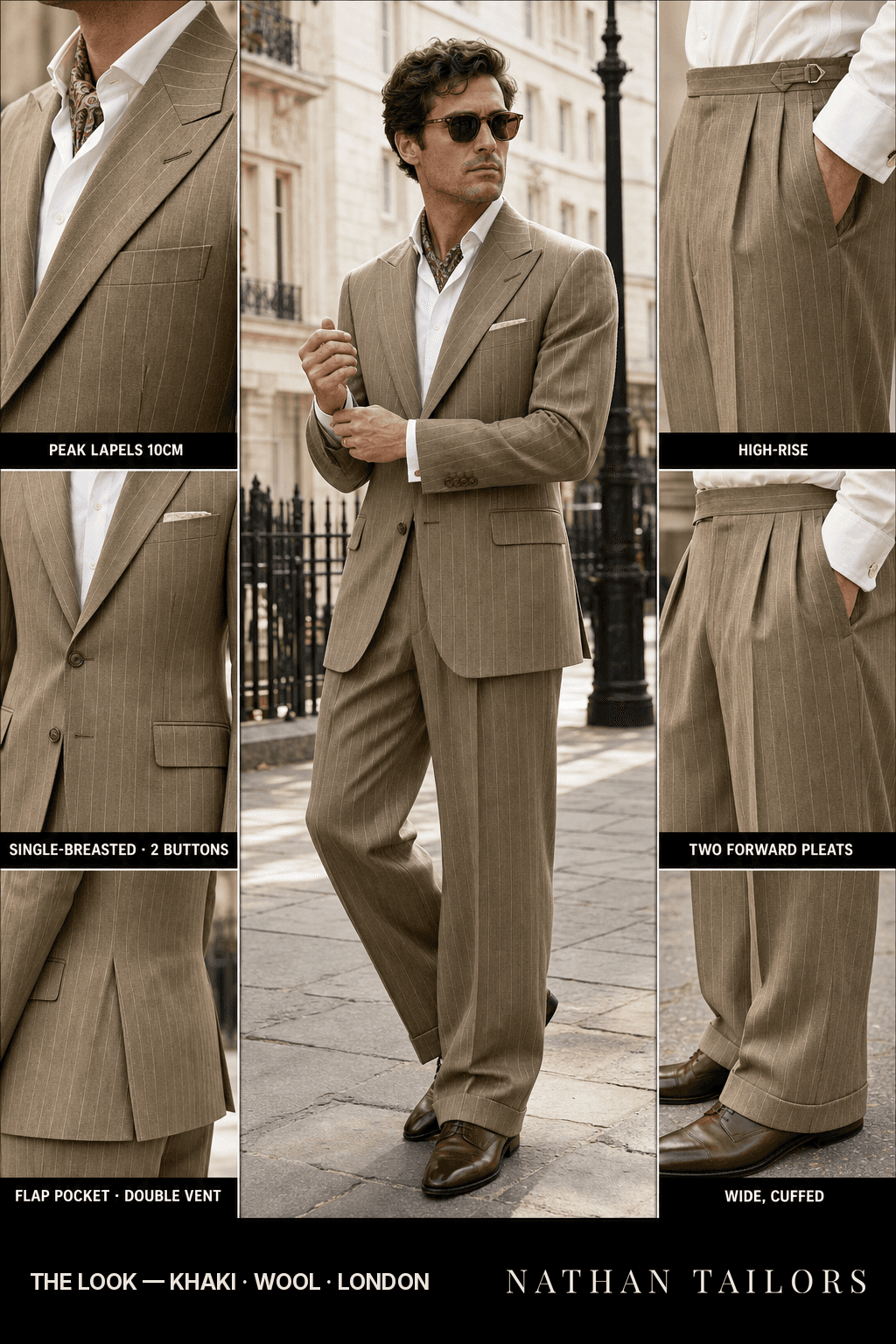 khaki pinstripe single-breasted bespoke suit — custom tailored by Nathan Tailors, the Hoi An custom tailor