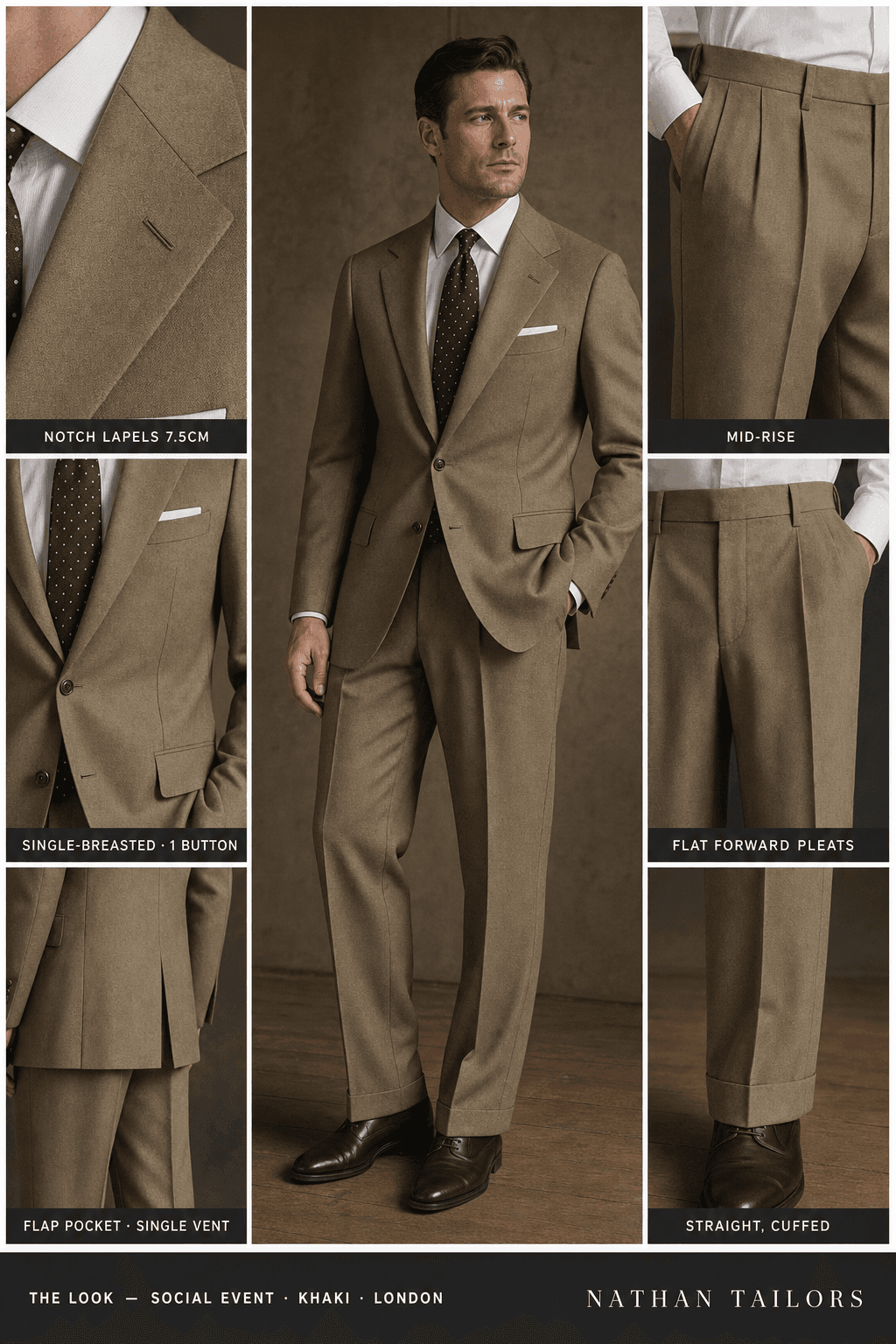 khaki single-breasted bespoke suit — custom tailored by Nathan Tailors, the Hoi An custom tailor