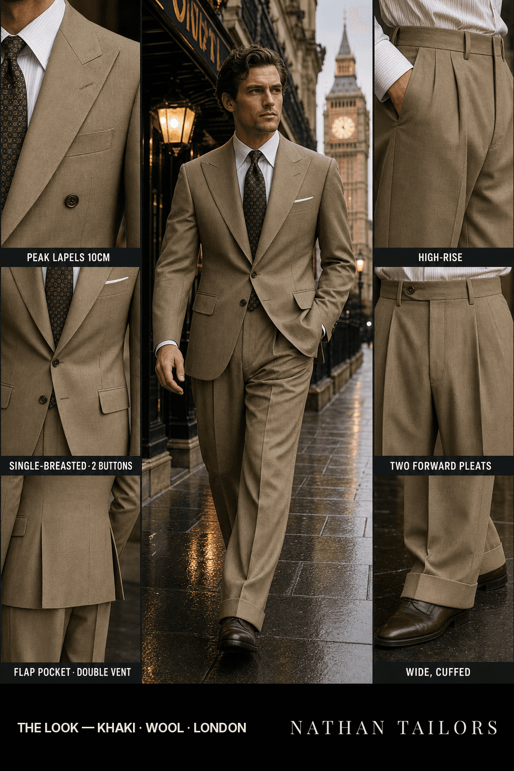 khaki single-breasted bespoke suit — custom tailored by Nathan Tailors, the Hoi An custom tailor
