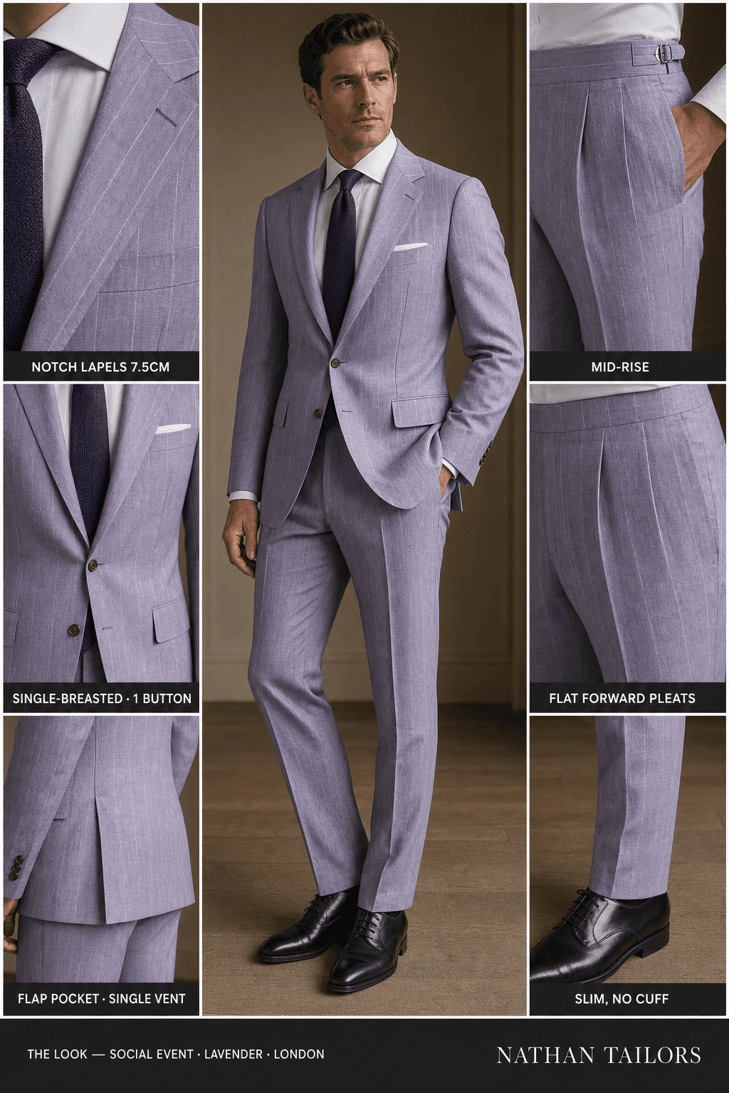 lavender pinstripe single-breasted bespoke suit — custom tailored by Nathan Tailors, the Hoi An custom tailor
