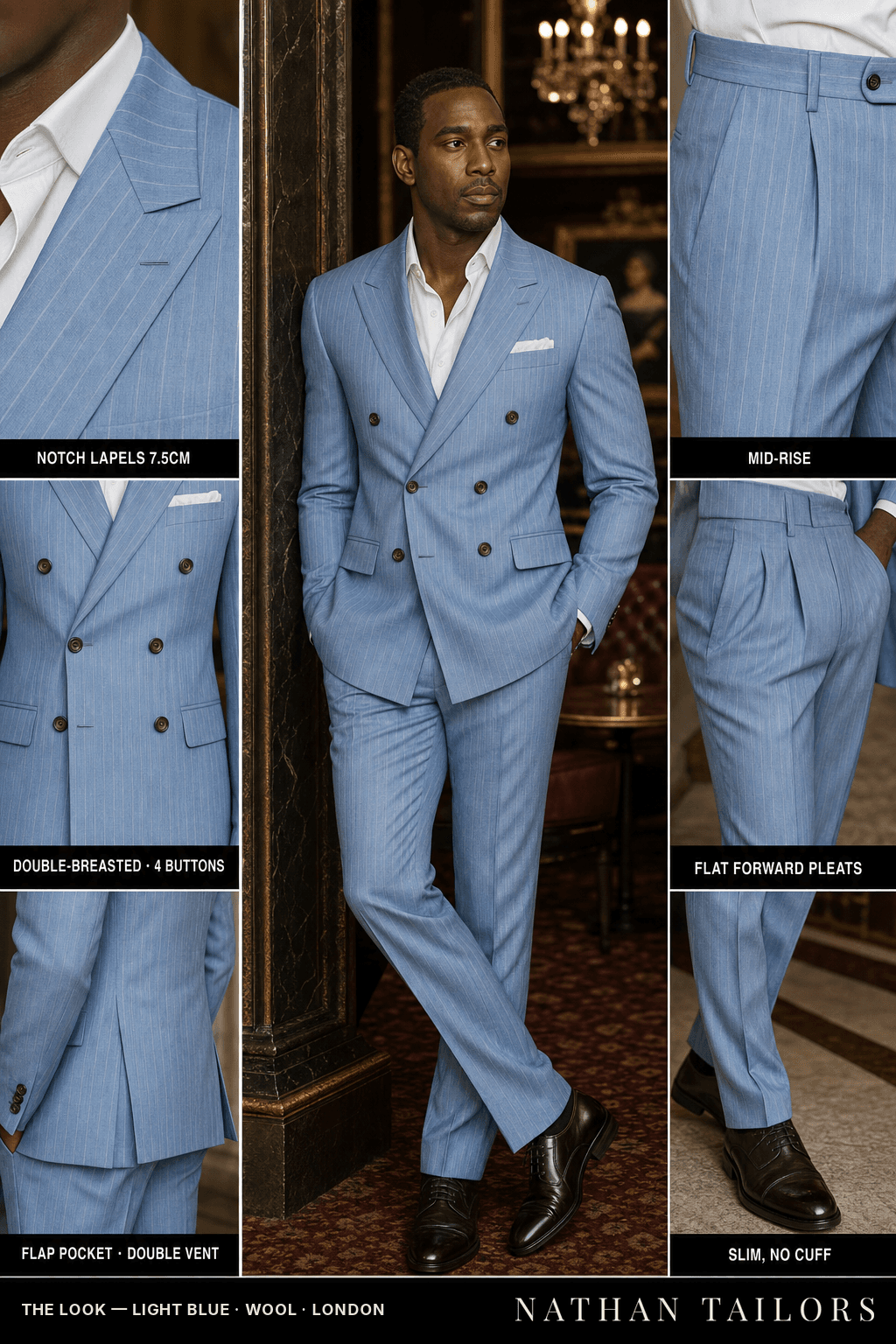 light blue pinstripe double-breasted bespoke suit — custom tailored by Nathan Tailors, the Hoi An custom tailor