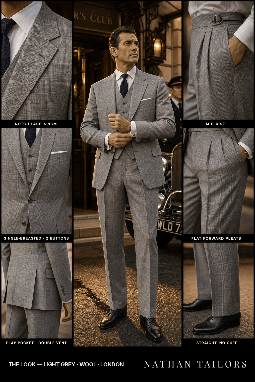 light grey glen plaid single-breasted notch-lapel bespoke suit — AI-rendered by Nathan Tailors, the Hoi An custom tailor. Available as a custom tailored suit from $149.