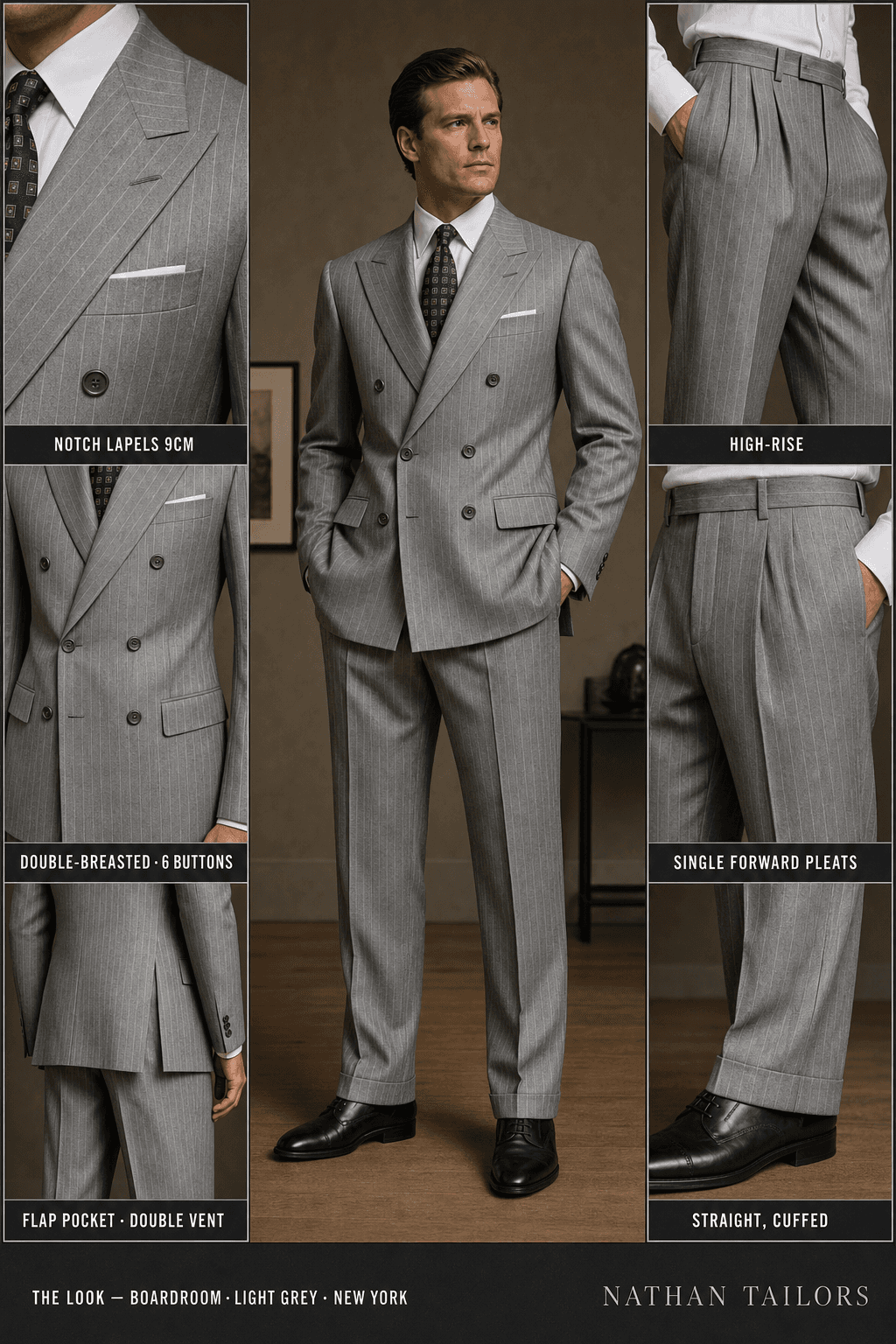 light grey pinstripe double-breasted notch-lapel bespoke suit — AI-rendered by Nathan Tailors, the Hoi An custom tailor. Available as a custom tailored suit from $129.