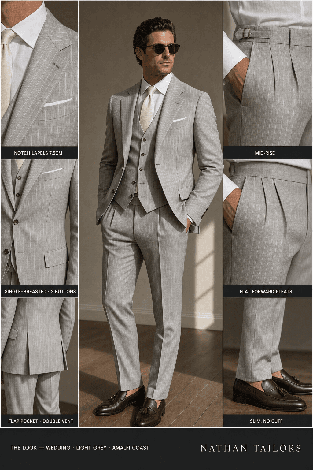 light grey pinstripe single-breasted bespoke suit — custom tailored by Nathan Tailors, the Hoi An custom tailor