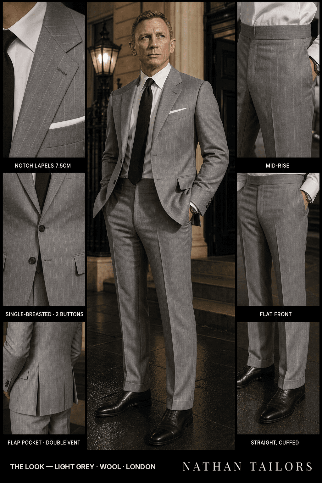 light grey pinstripe single-breasted bespoke suit — custom tailored by Nathan Tailors, the Hoi An custom tailor