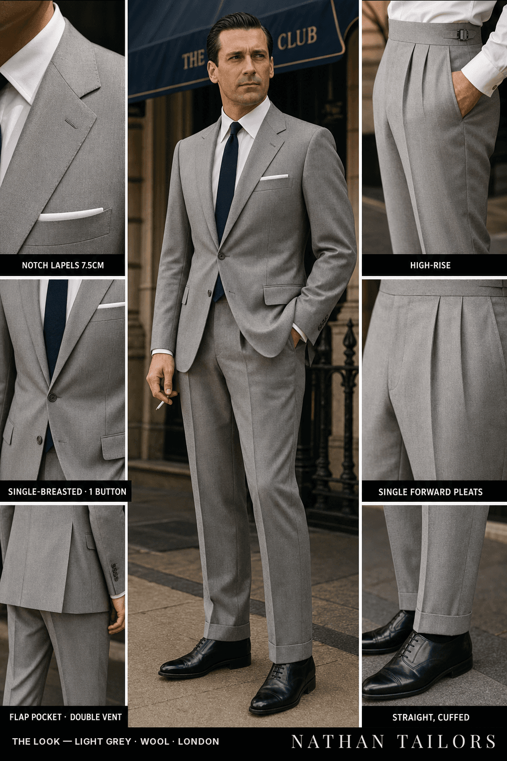 light grey single-breasted notch-lapel bespoke suit — AI-rendered by Nathan Tailors, the Hoi An custom tailor. Available as a custom tailored suit from $149.