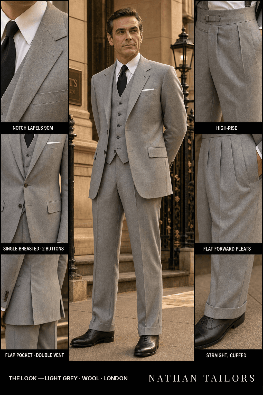light grey single-breasted bespoke suit — custom tailored by Nathan Tailors, the Hoi An custom tailor