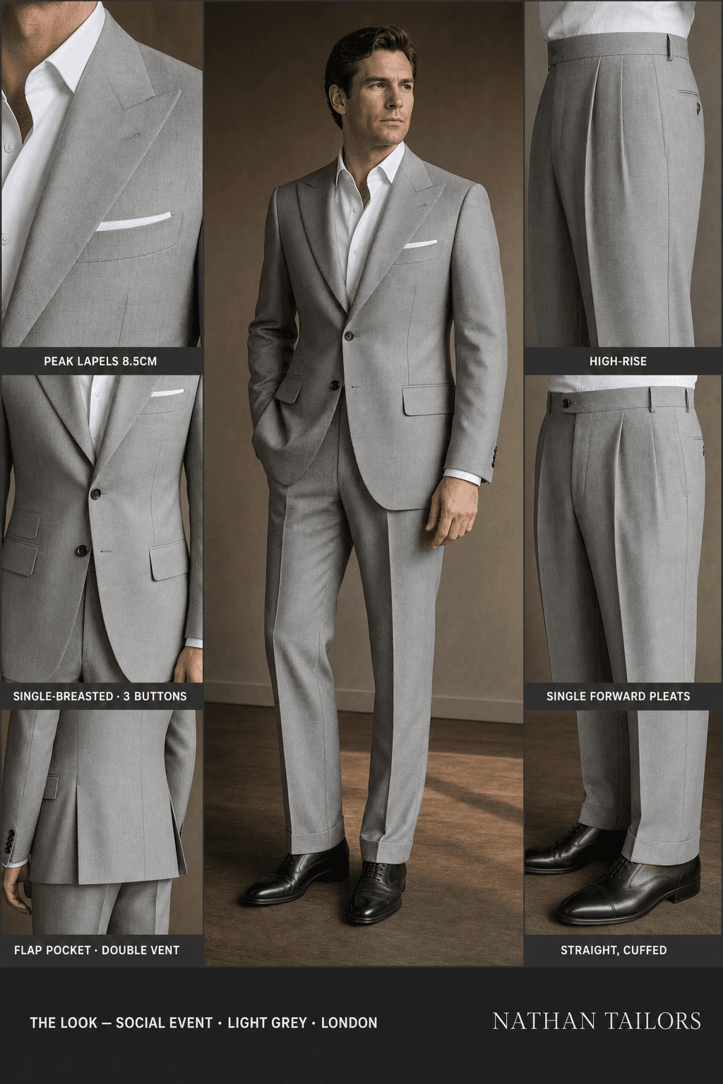 light grey single-breasted peak-lapel bespoke suit — AI-rendered by Nathan Tailors, the Hoi An custom tailor. Available as a custom tailored suit from $129.
