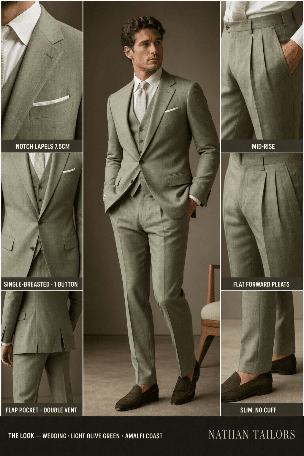 light olive green single-breasted suit — Nathan Tailors Hoi An tailor Atelier render